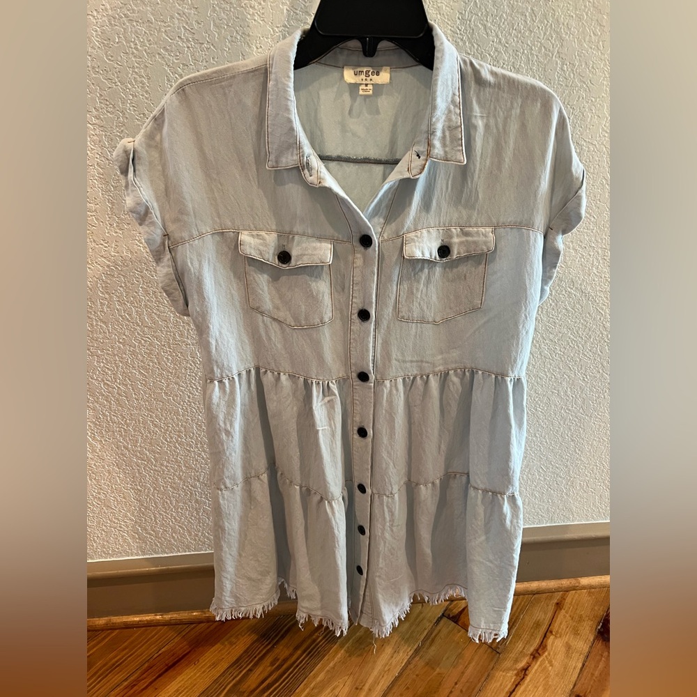 Umgee Light Blue Tiered Mini Shirt Dress